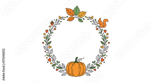 A charming autumnal wreath featuring a pumpkin and squirrel on a white background.