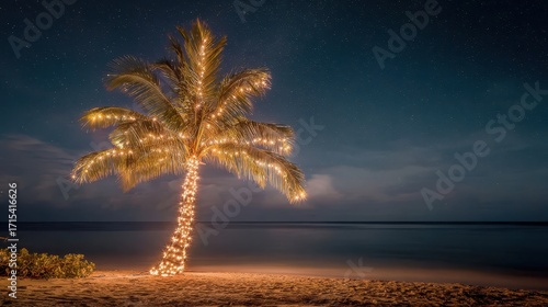 Palm tree adorned with lights on a beach at night.