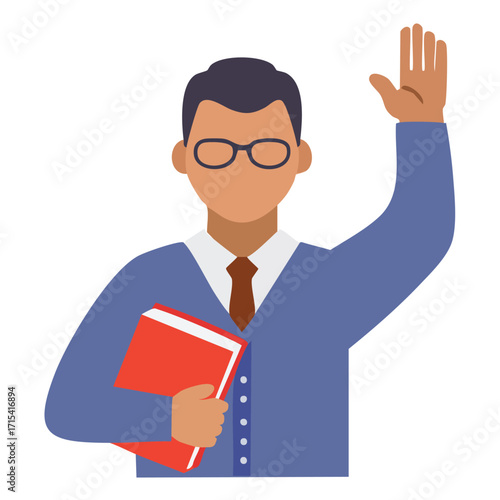 A dedicated professional taking a solemn oath, isolated flat vector icon of a man holding a book and raising his hand