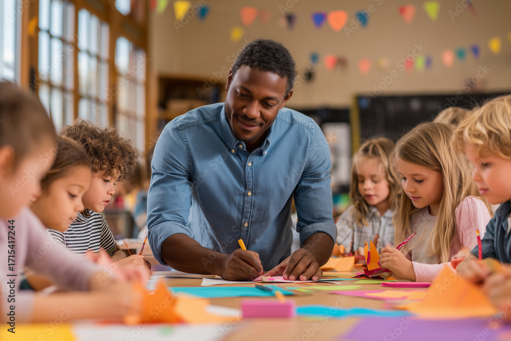 Fototapeta premium Smiling teacher helping diverse children in classroom