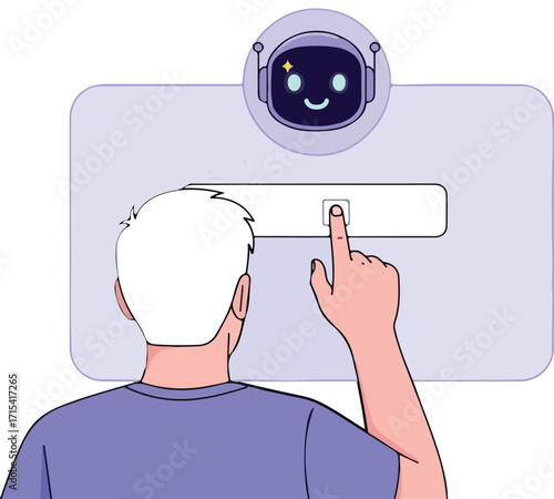 Man interacting with ai assistant on screen isolated on white background
