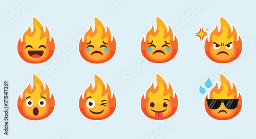 Cartoon fire emojis with expressive faces in different moods, playful vector illustration representing energy, fun, and creativity.