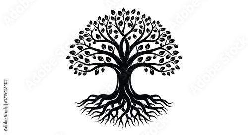 Black and white illustration of a stylized tree with strong roots and leafy branches, symbolic vector design representing growth and life.