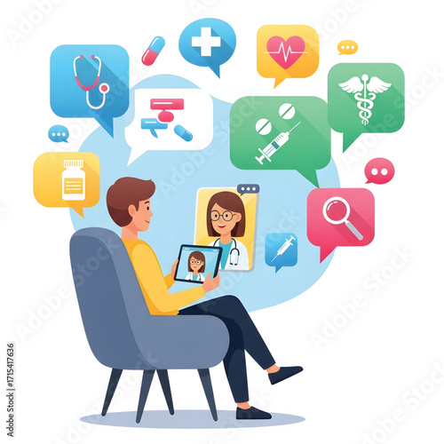 A man having a virtual medical consultation with a doctor on a tablet, surrounded by various health and medical icons.