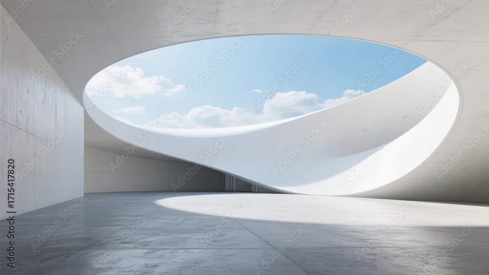 Fototapeta premium Modern architectural interior with a large oval skylight revealing a bright blue sky and clouds