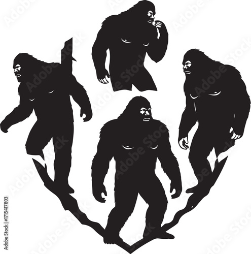 Silhouettes of bigfoot creatures in motion silhouette