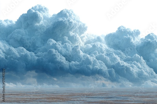 A massive, cumulus cloud formation dominates a flat, pale landscape under a bright sky