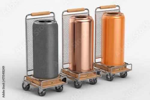 Three cylindrical cans on wheeled carts