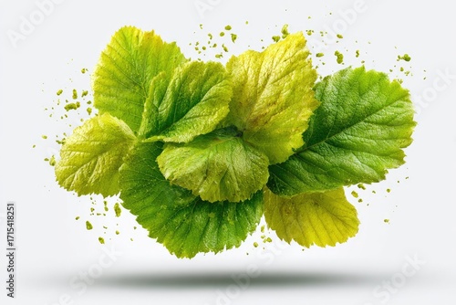 Vibrant green leaves in mid-air, suspended against a white background, with small particles scattered around