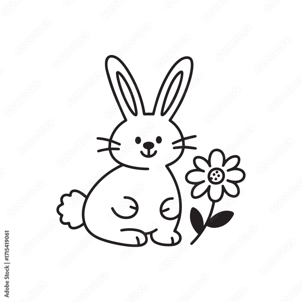 Fototapeta premium Cute Smiling Easter Bunny with Long Ears and Flower Silhouette. 