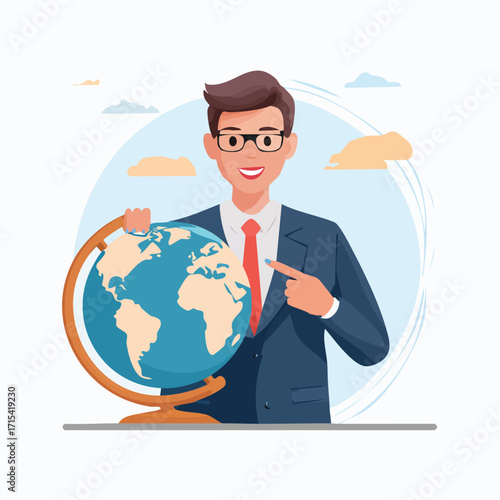 Smiling businessman pointing at a world globe, a concept for global business, international relations, geography, and education