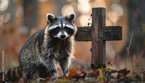 Raccoon by Wooden Cross in Autumn Forest with Bokeh Backlight and Fallen Leaves Brown and Gray Fur