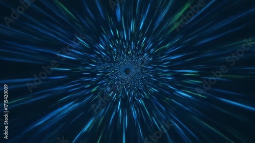 Seamlessly looping abstract tunnel of fast-moving blue and green light lines, simulating warp speed travel presentation, abstract tunnel, motion
