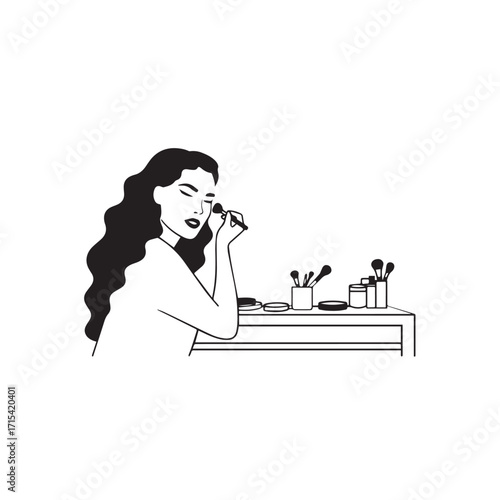 Black and white line art of a beautiful woman doing makeup at dressing table with mirror illustration
