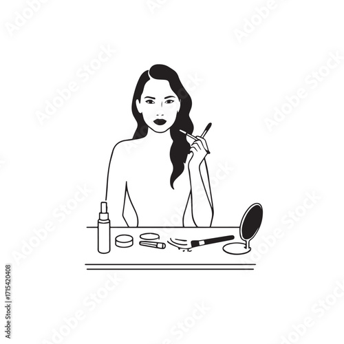 Black and white line art of a beautiful woman doing makeup at dressing table with mirror illustration
