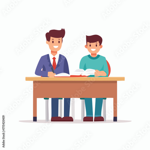 Private tutor helping a male student with homework. One-on-one teaching and individual learning support concept