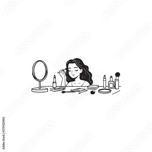 Black and white line art of a beautiful woman doing makeup at dressing table with mirror illustration