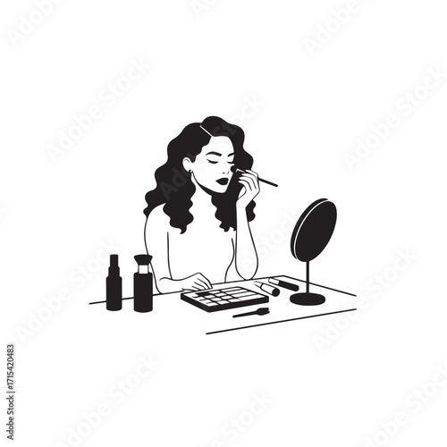 Black and white line art of a beautiful woman doing makeup at dressing table with mirror illustration