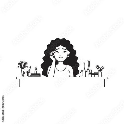 Black and white line art of a beautiful woman doing makeup at dressing table with mirror illustration