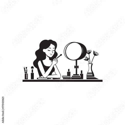 Black and white line art of a beautiful woman doing makeup at dressing table with mirror illustration