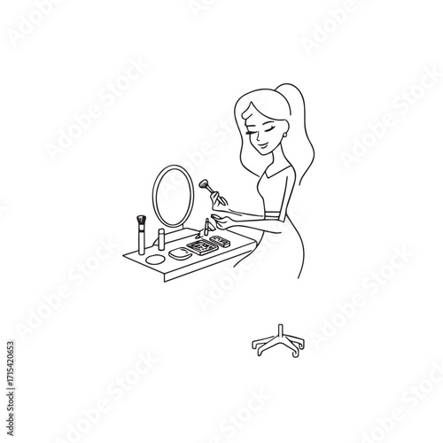 Black and white line art of a beautiful woman doing makeup at dressing table with mirror illustration