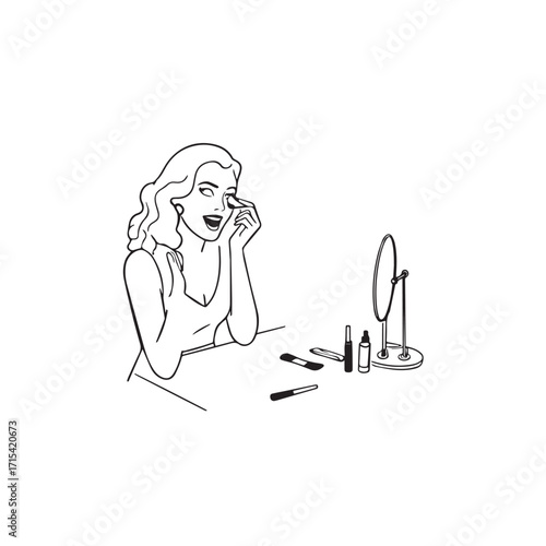 Black and white line art of a beautiful woman doing makeup at dressing table with mirror illustration
