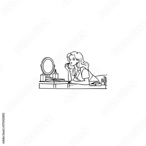 Black and white line art of a beautiful woman doing makeup at dressing table with mirror illustration