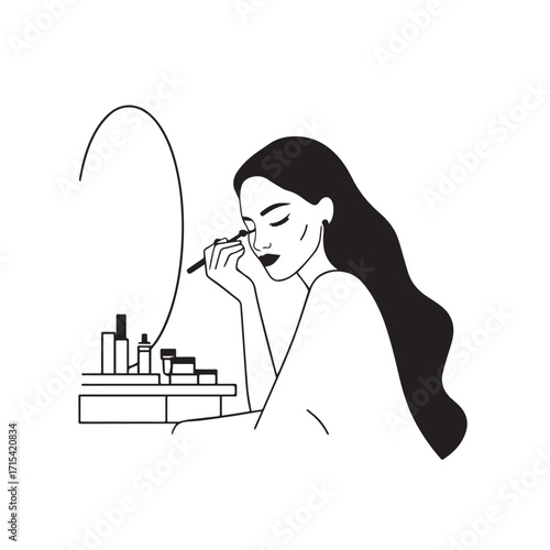 Black and white line art of a beautiful woman doing makeup at dressing table with mirror illustration