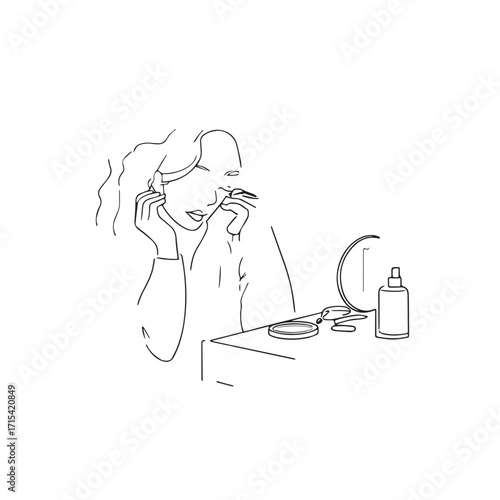 Black and white line art of a beautiful woman doing makeup at dressing table with mirror illustration