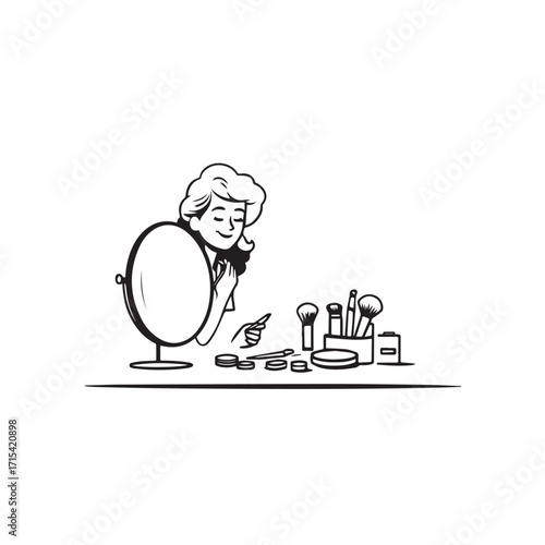 Black and white line art of a beautiful woman doing makeup at dressing table with mirror illustration