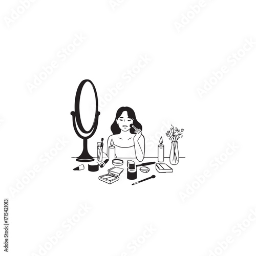 Black and white line art of a beautiful woman doing makeup at dressing table with mirror illustration
