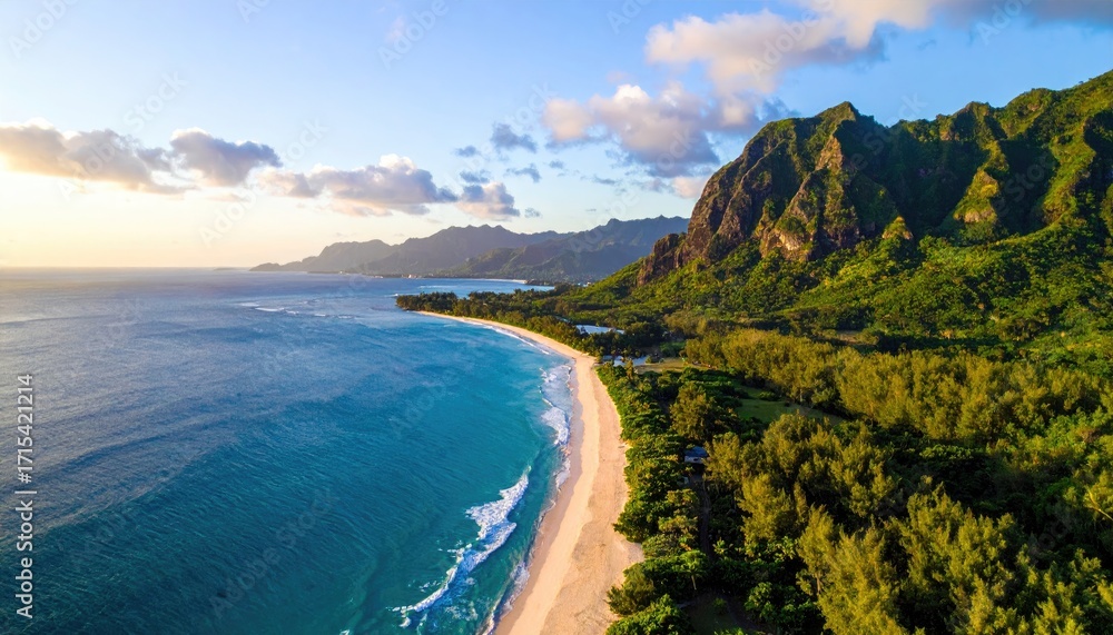 Fototapeta premium Aerial View of Lush Green Mountains and Sandy Beach