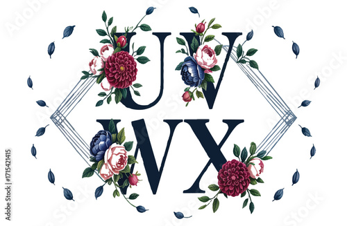Elegant floral monogram with the letters U, V, N, X, adorned with beautiful red and blue peonies and roses, set in a delicate geometric frame. Vector design for invitations
