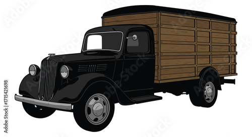 Vintage black truck with wooden cargo box classic vehicle illustration