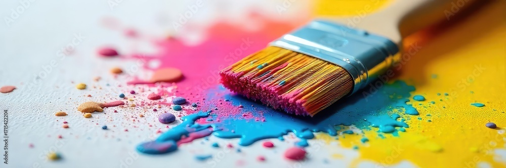 Fototapeta premium A close-up shot of a paintbrush, splattered with colorful paint, resting on a household cleaning product, suggesting the creative side of chores , cleaning equipment, spring cleaning, home decor