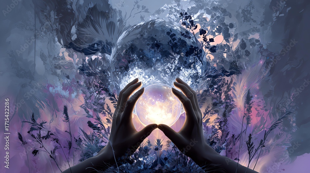 Obraz premium A mystical scene with hands forming a sphere. Inner shadow power system, proven inner shadow power system for empowerment, inner shadow power system unlocking truth