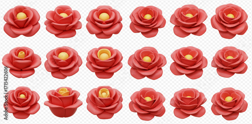 Multiple rows of stylized red rose blossoms with yellow centers on a transparent background.