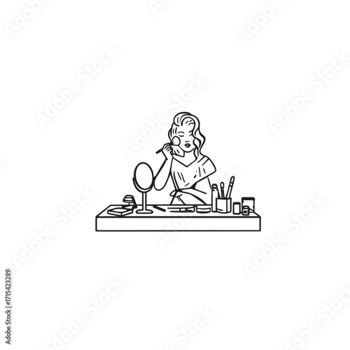 Black and white line art of a beautiful woman doing makeup at dressing table with mirror illustration