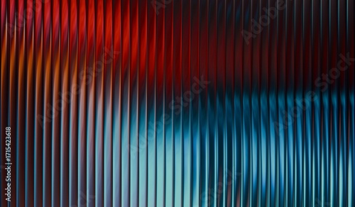 With vertical ribbed glass effect, iridescent glass ripple background, vibrant fractal gradient with smooth distortion texture, blue red gradient glass