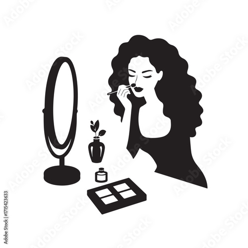 Black and white line art of a beautiful woman doing makeup at dressing table with mirror illustration