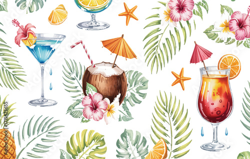 Tropical Cocktail Collection Featuring Exotic Fruits and Refreshing Drinks Amidst Lush Greenery and Vibrant Hibiscus Flowers