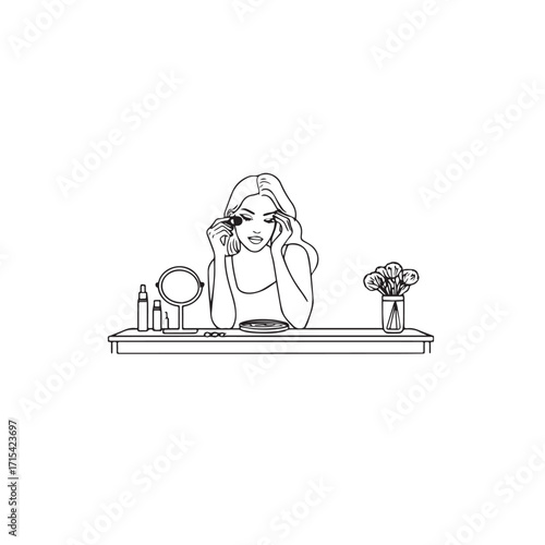 Black and white line art of a beautiful woman doing makeup at dressing table with mirror illustration