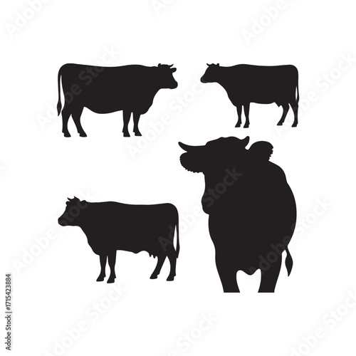 Set of Four Black Cow Animal Silhouettes in Flat Vector Design.
