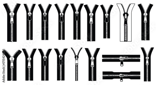 Collection of black and white zipper illustrations in various open positions