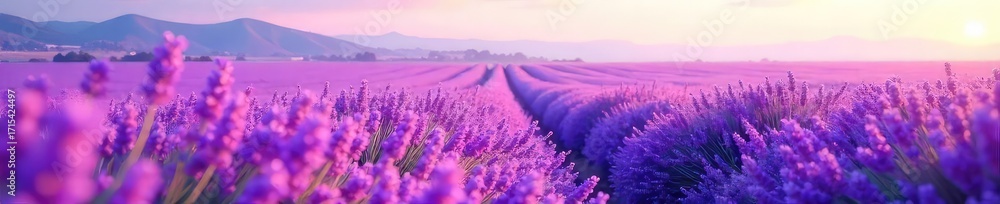 Naklejka premium A serene landscape bathed in the soft, calming hues of lavender Fields of purple flowers stretch to the horizon under a pale sky Perfect for relaxation and tranquility themes , tone, sky