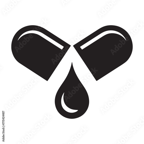 Black Silhouette of Open Pill Capsule with Falling Drop Representing Liquid Medication or Drug Formulation for Pharmaceutical and Healthcare Industries and Scientific Research