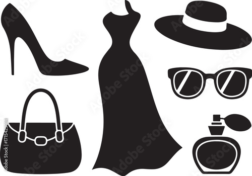 Chic fashion essentials elegant dress hat purse heels perfume