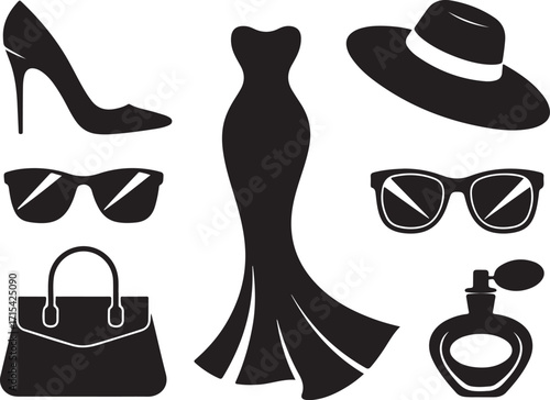 Chic fashion ensemble elegant dress, hat, purse, and heels