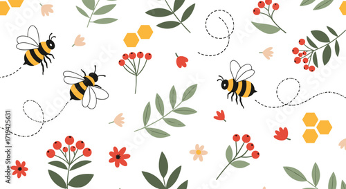 Charming bees buzzing amongst wildflowers and honeycomb patterns on a white background.