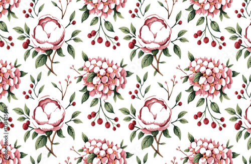 Floral pattern featuring peonies, hydrangeas, and berries with a delicate and elegant design on a white background